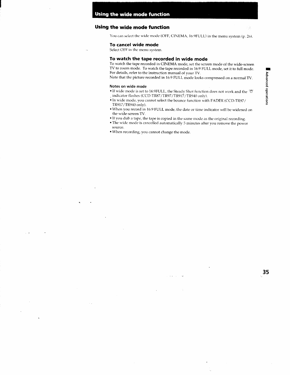Using the wide mode function, To cancel wide mode, To watch the tape recorded in wide mode | Sony CCD-TR87 User Manual | Page 33 / 77
