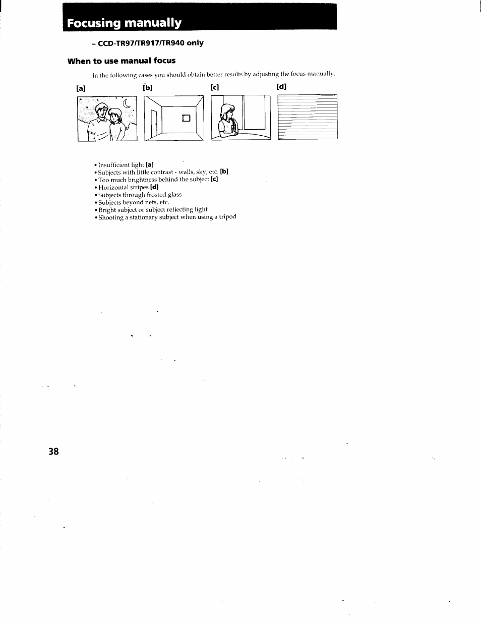 Focusing manually, Ccd-tr97n-r917n'r940 only, When to use manual focus | Sony CCD-TR87 User Manual | Page 36 / 77