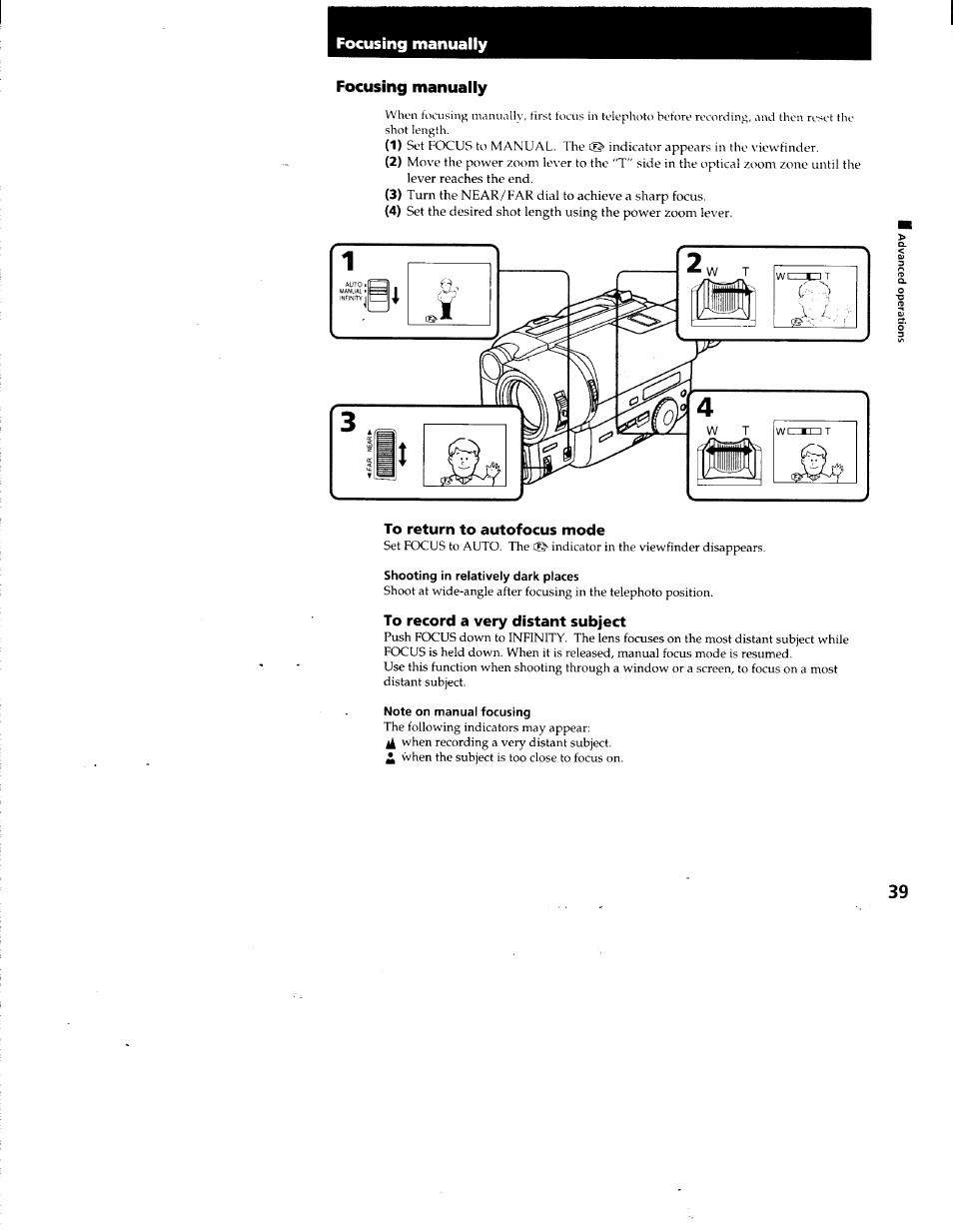 Focusing manually, To return to autofocus mode, Shooting in relatively dark places | To record a very distant subject, Note on manual focusing | Sony CCD-TR87 User Manual | Page 37 / 77