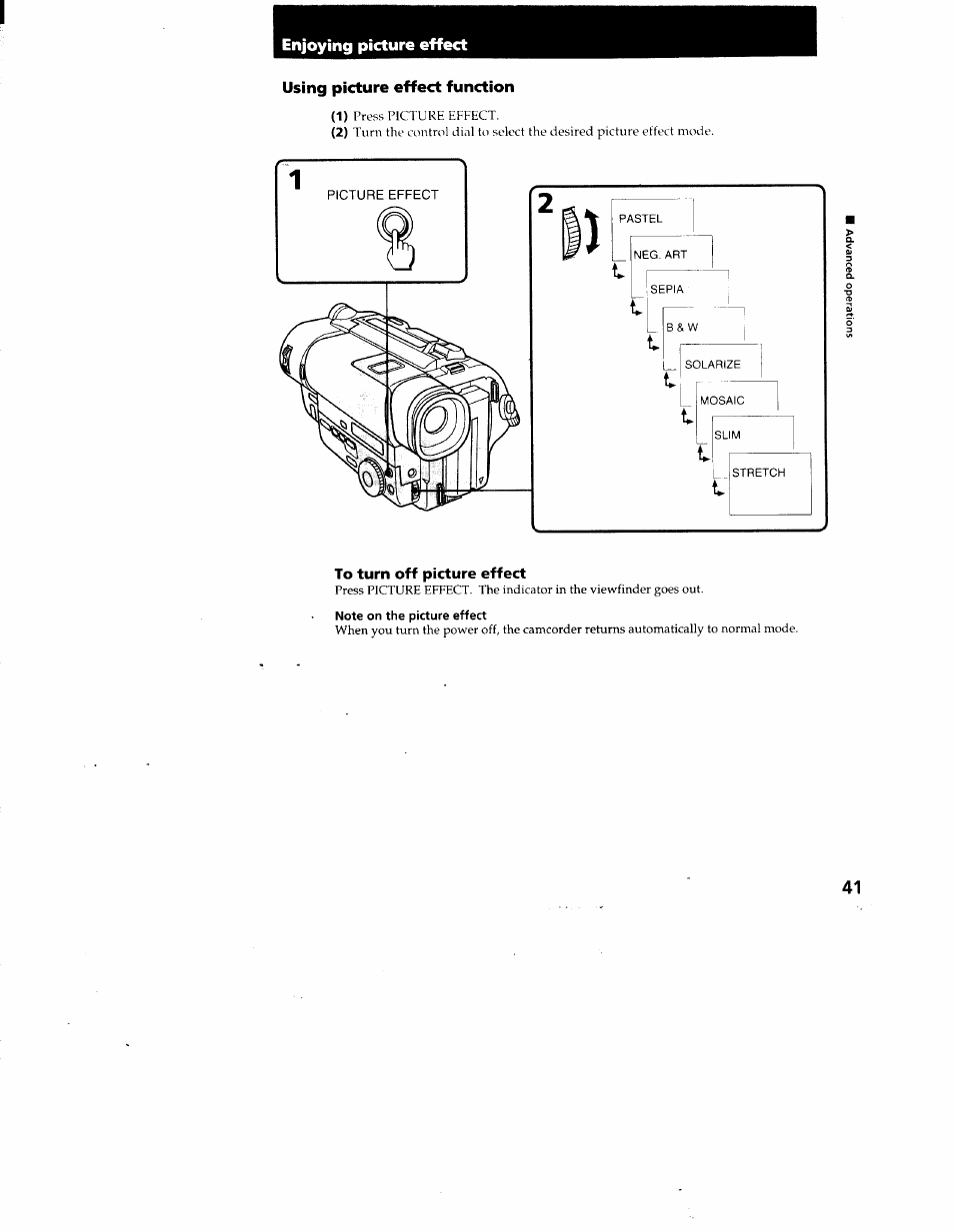 Enjoying picture effect, Using picture effect function, To turn off picture effect | Note on the picture effect | Sony CCD-TR87 User Manual | Page 39 / 77