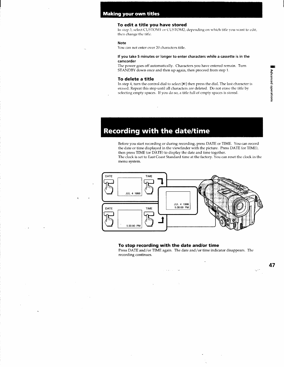 Making your own titles, To edit a title you have stored, Note | To delete a title, Recording with the date/time, To stop recording with the date and/or time | Sony CCD-TR87 User Manual | Page 45 / 77