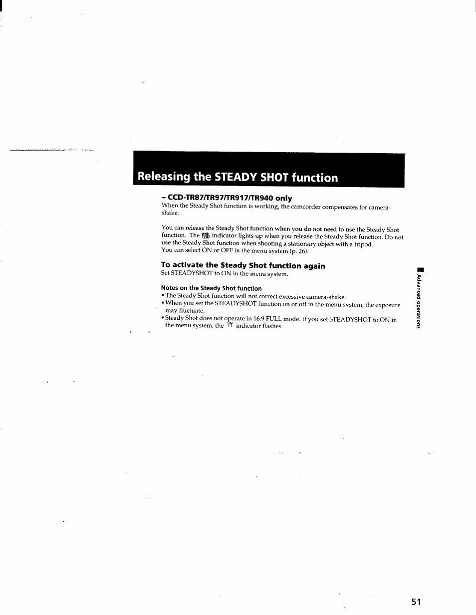 Releasing the steady shot function, Ccd-tr87atr97/tr917/tr940 only, To activate the steady shot function again | Notes on the steady shot function | Sony CCD-TR87 User Manual | Page 49 / 77