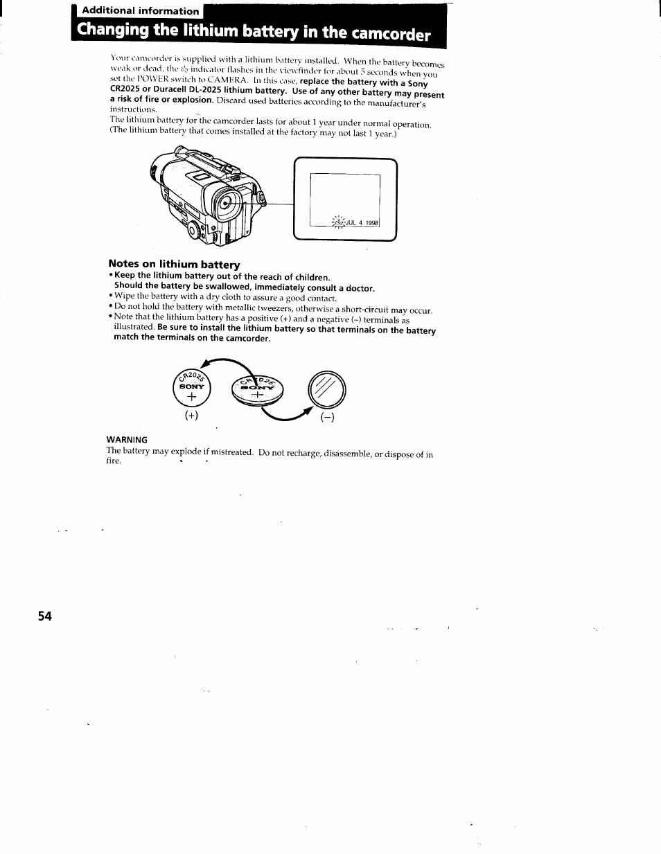 I additional information, Changing the lithium battery in the camcorder, Notes on lithium battery | Warning | Sony CCD-TR87 User Manual | Page 52 / 77