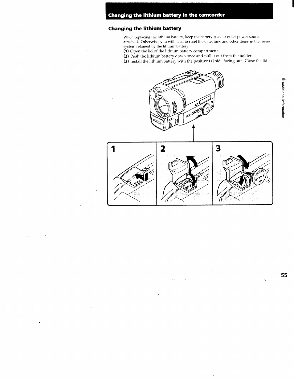Changing the lithium battery in the camcorder, Changing the lithium battery | Sony CCD-TR87 User Manual | Page 53 / 77