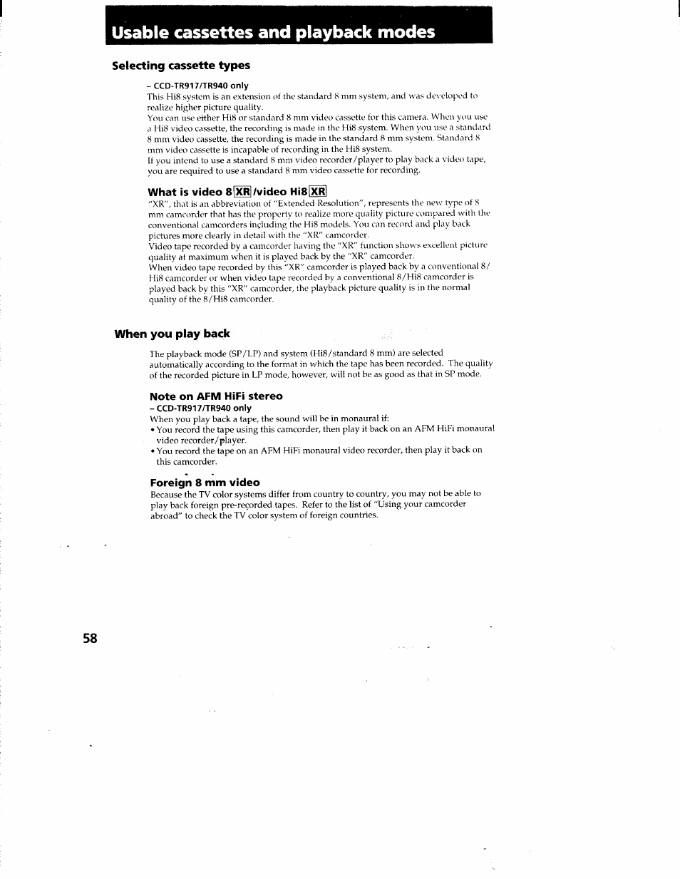 Usable cassettes and playback modes, Ccd-tr917/tr940 only, What is video 8[xi/video hi8[xr | Note on afm hifi stereo, Foreign 8 mm video, Tr917/tr940 only) | Sony CCD-TR87 User Manual | Page 56 / 77