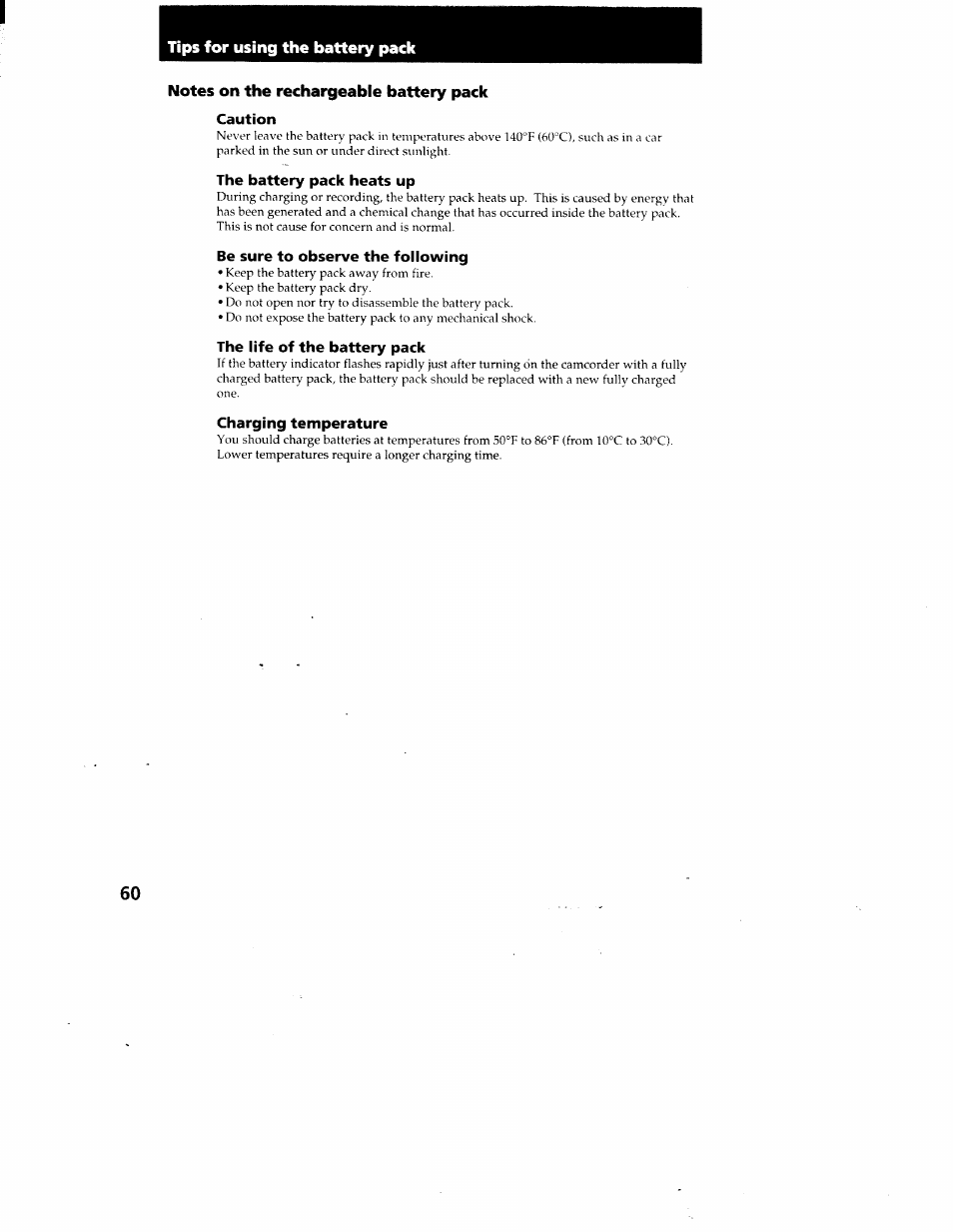Notes on the rechargeable battery pack, Caution, The battery pack heats up | Be sure to observe the following, The life of the battery pack, Charging temperature | Sony CCD-TR87 User Manual | Page 57 / 77