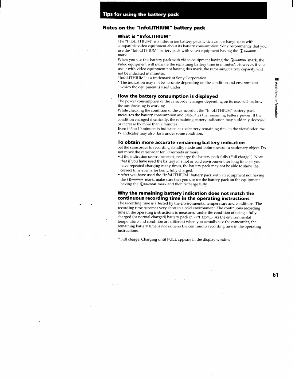 Notes on the “infolithium" battery pack, What is "infolithium, How the battery consumption is displayed | Tips for using the battery pack | Sony CCD-TR87 User Manual | Page 58 / 77