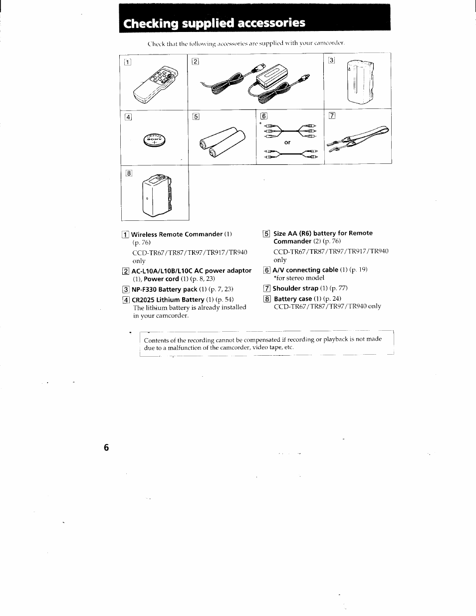 Checking supplied accessories, 1] wireless remote commander (1) | Sony CCD-TR87 User Manual | Page 6 / 77