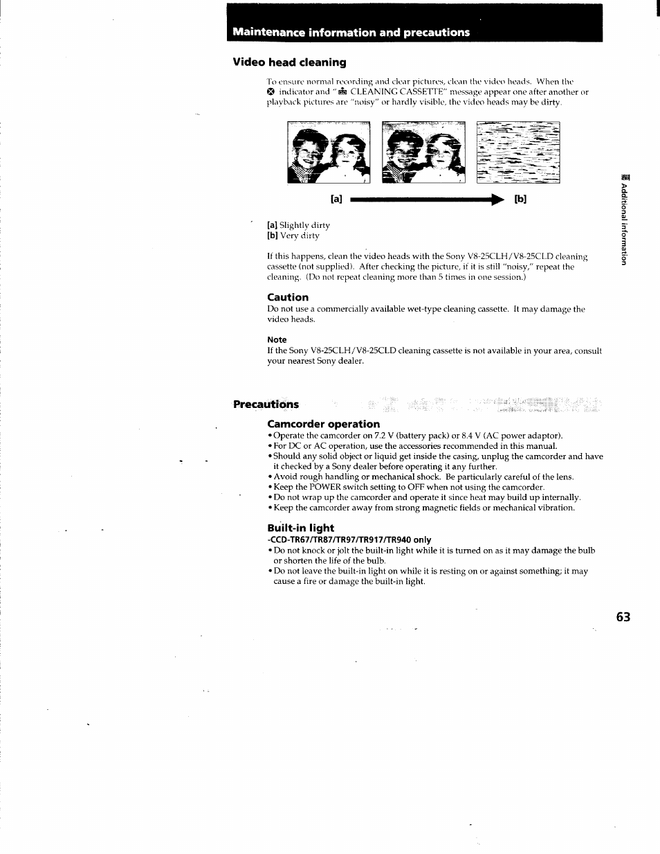 Caution, Note, Camcorder operation | Built-in light, Maintenance information and precautions | Sony CCD-TR87 User Manual | Page 61 / 77