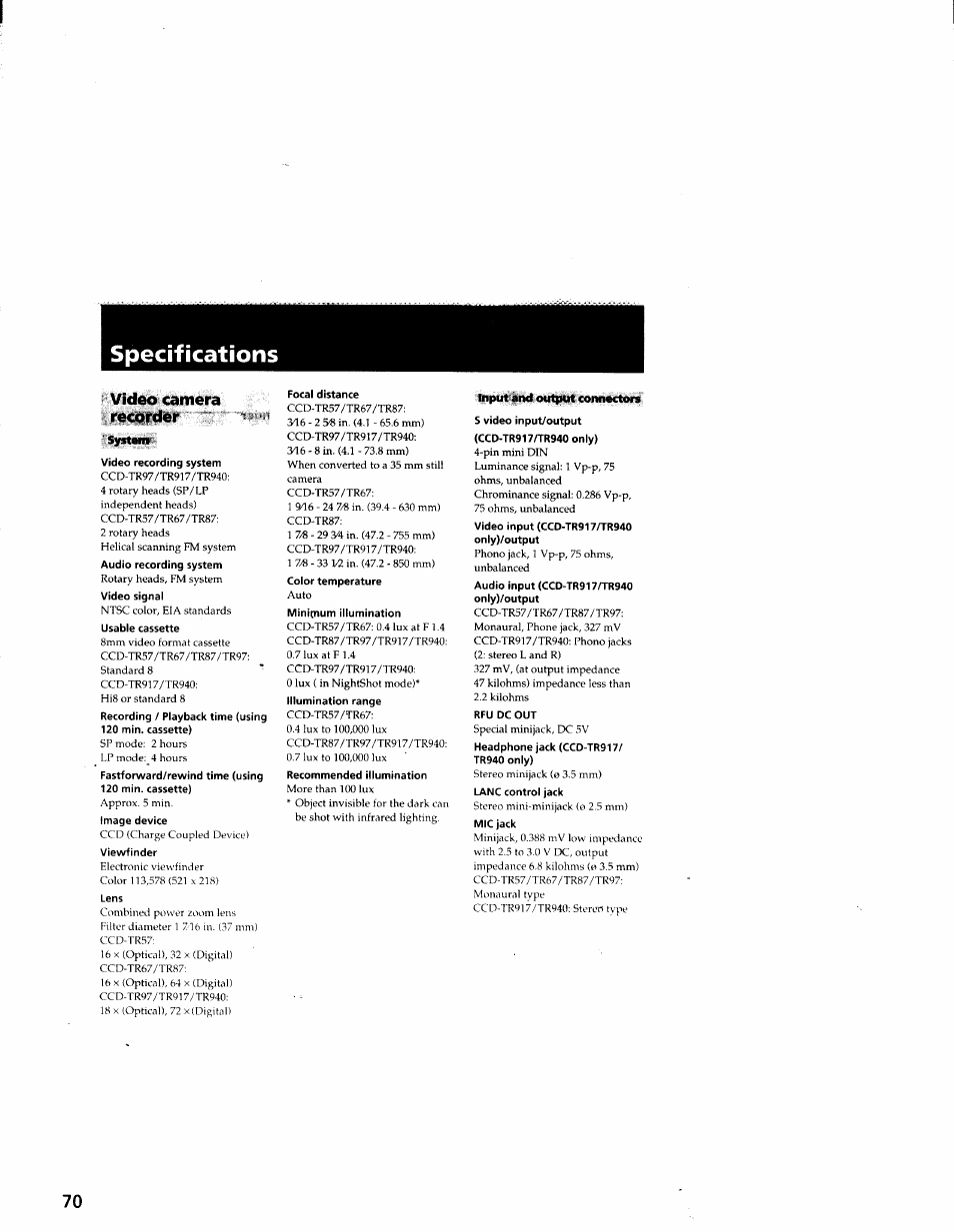 Specifications, Video camera recordar, Systemr | Input and output connectors | Sony CCD-TR87 User Manual | Page 66 / 77