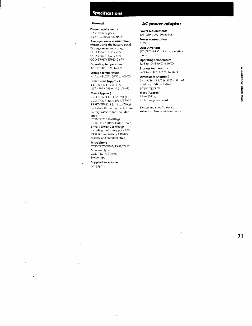 Specifications, Ac power adaptor | Sony CCD-TR87 User Manual | Page 67 / 77