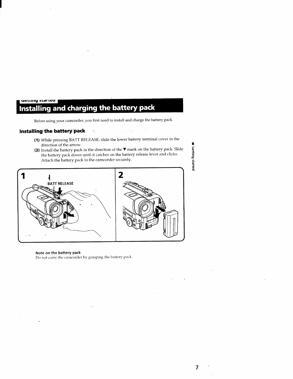 Installing and charging the battery pack, Installing the battery pack, Note on the battery pack | Tips for using the battery pack | Sony CCD-TR87 User Manual | Page 7 / 77