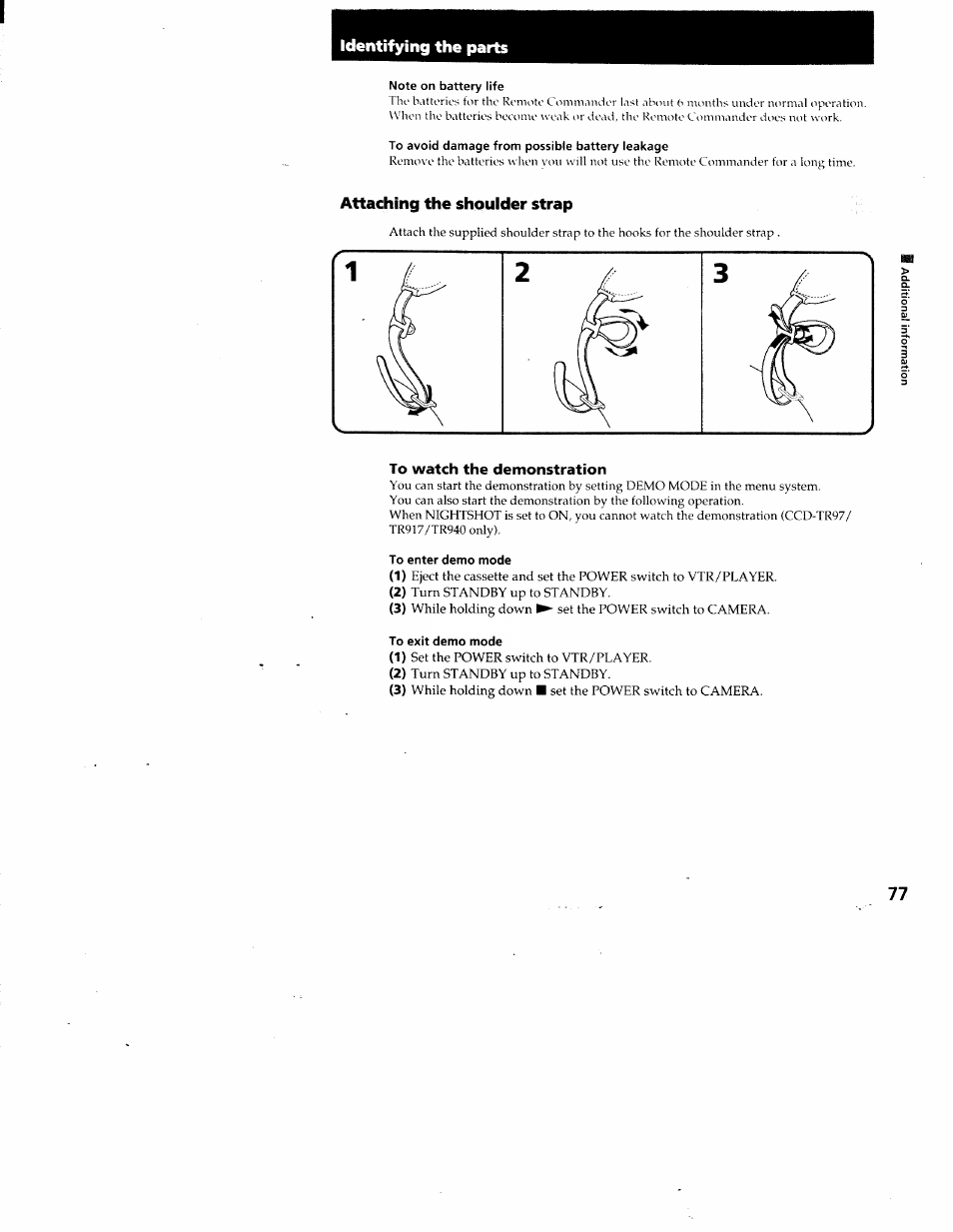Note on battery life, To avoid damage from possible battery leakage, Attaching the shoulder strap | To watch the demonstration, To enter demo mode, To exit demo mode, Identifying the parts | Sony CCD-TR87 User Manual | Page 73 / 77