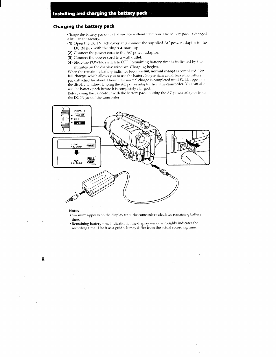 Installing and charging the liatt«y |mk1c, Notes, Installing and charging the liatt«y | Charging the battery pack | Sony CCD-TR87 User Manual | Page 8 / 77