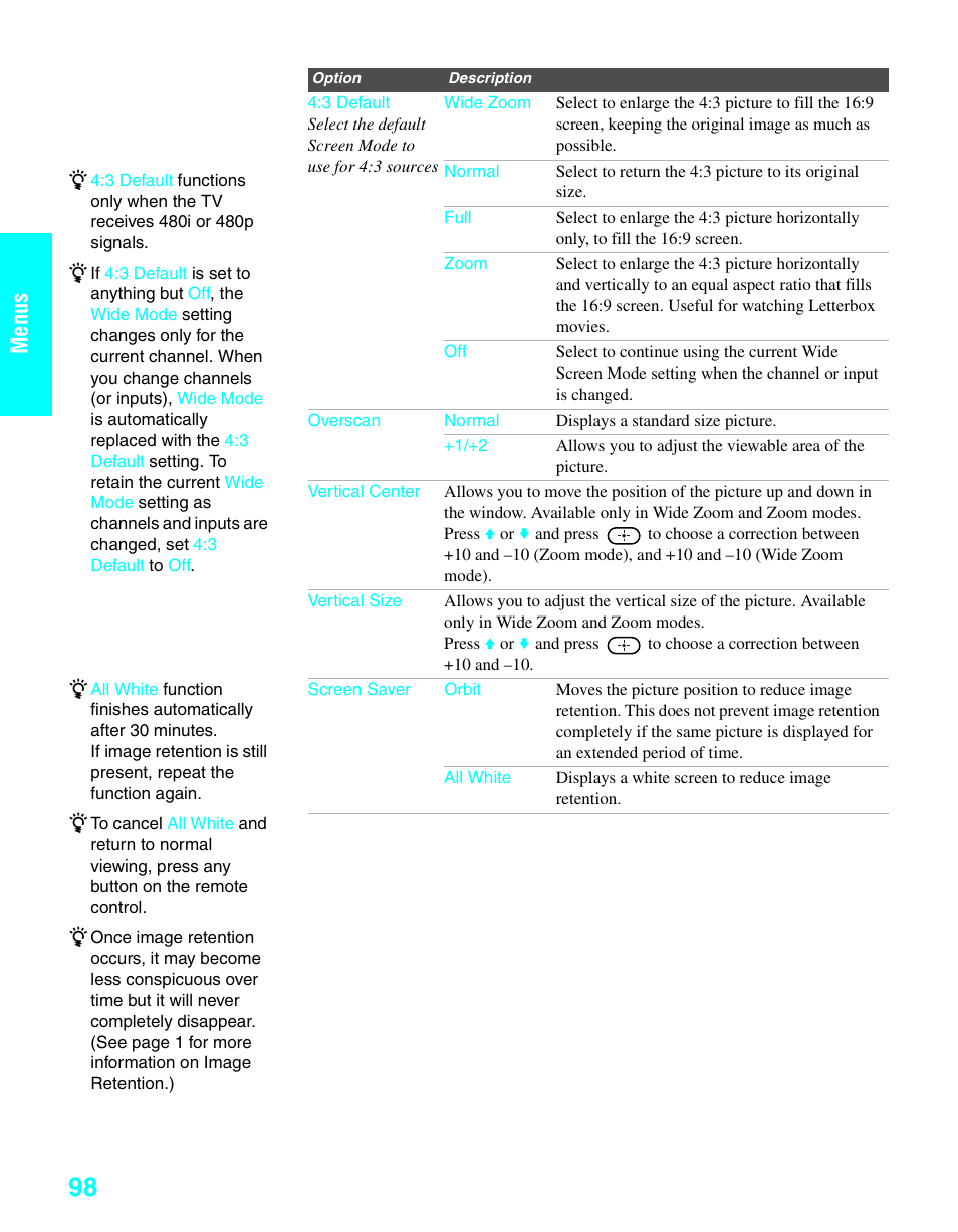 Menus | Sony KDE-37XS955 User Manual | Page 100 / 128