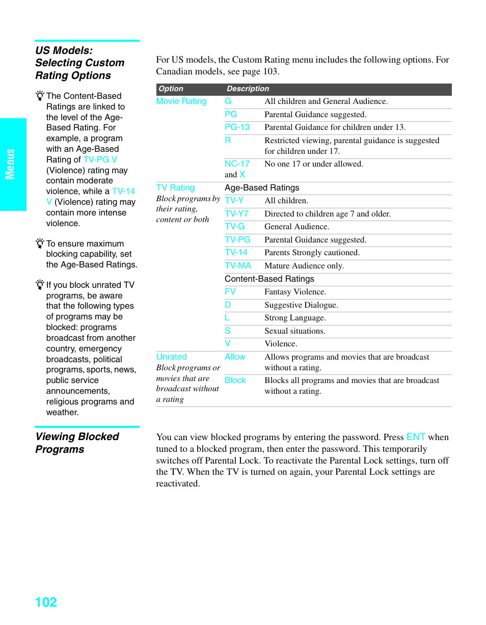 Us models: selecting custom rating options, Viewing blocked programs, Menus | Sony KDE-37XS955 User Manual | Page 104 / 128