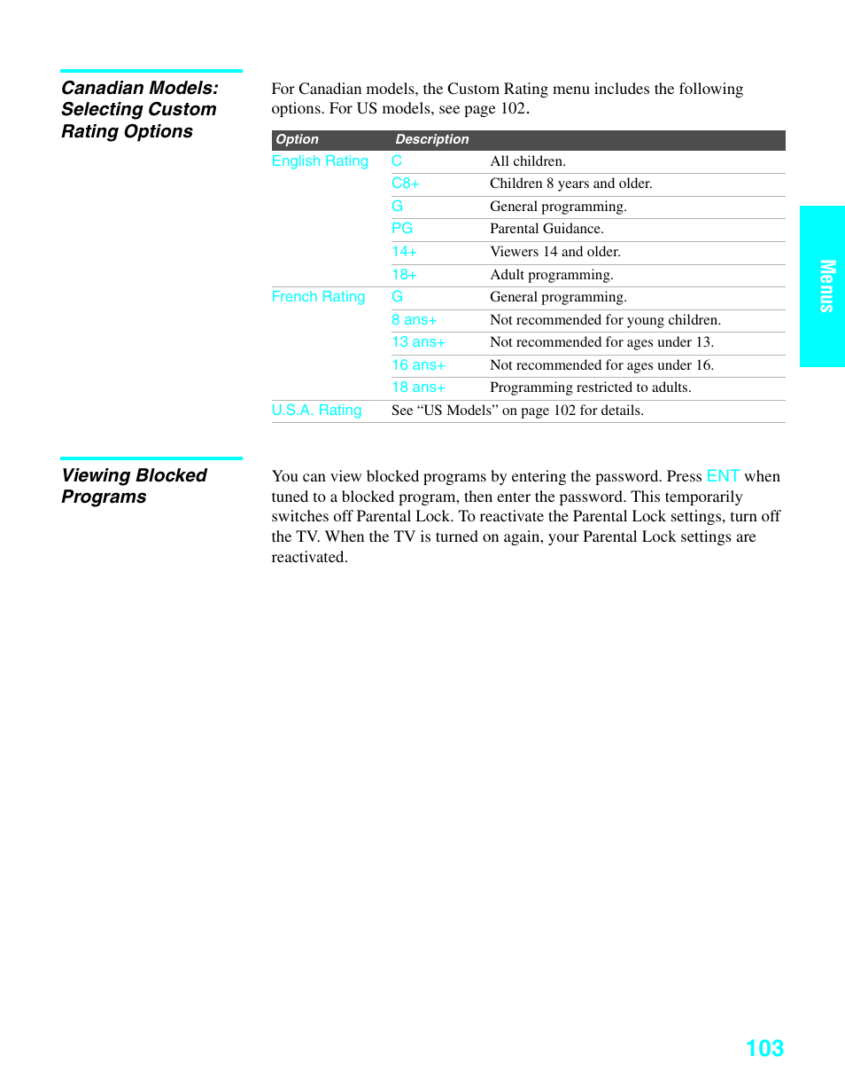 Canadian models: selecting custom rating options, Viewing blocked programs, Menus | Sony KDE-37XS955 User Manual | Page 105 / 128