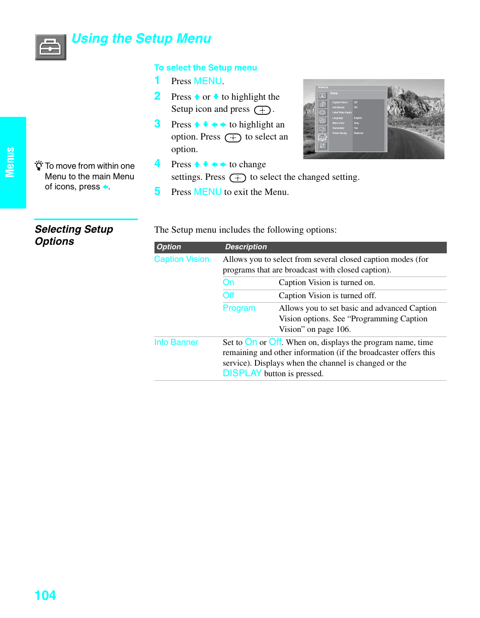 Using the setup menu, Selecting setup options, Menus | Sony KDE-37XS955 User Manual | Page 106 / 128