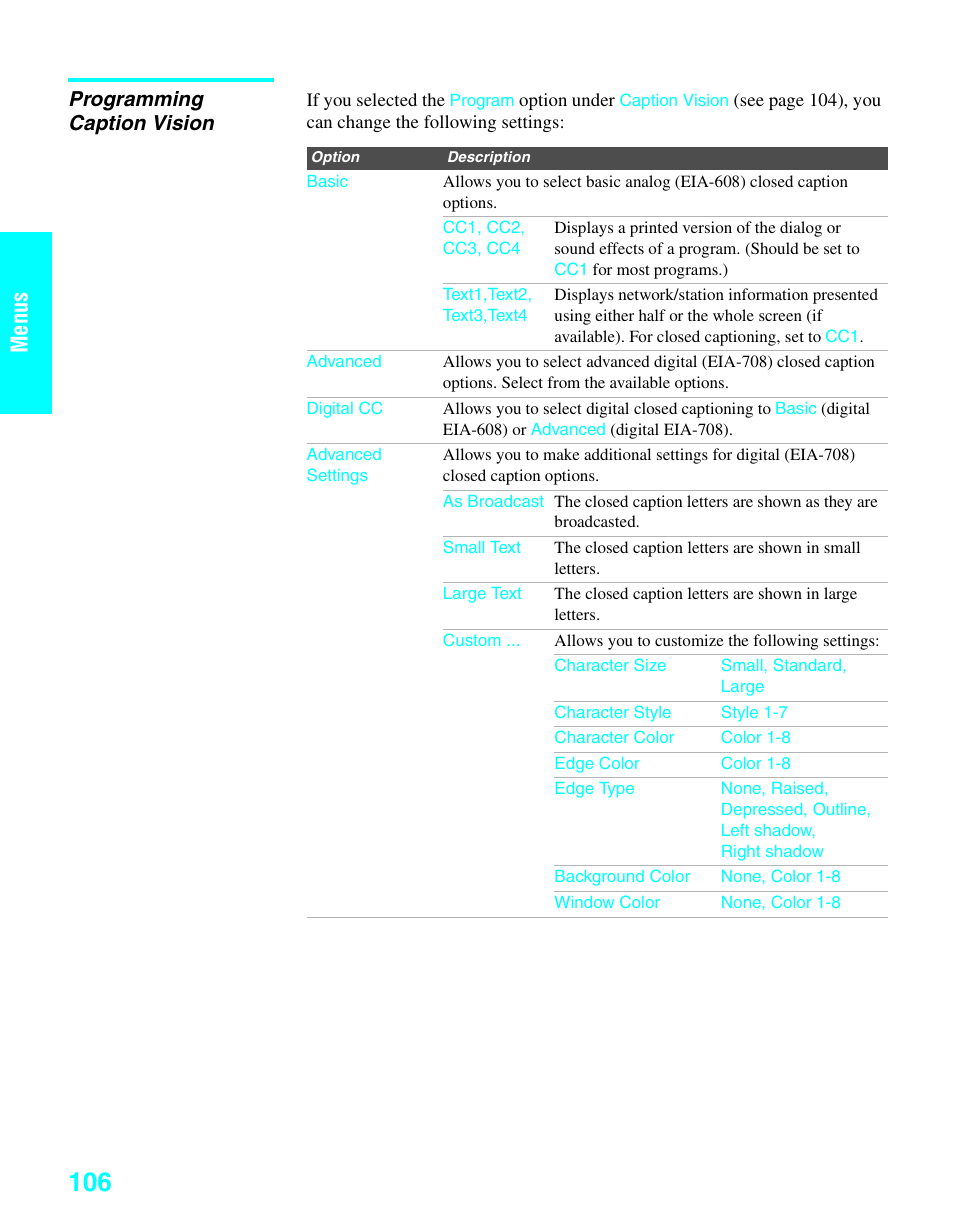 Programming caption vision, Menus | Sony KDE-37XS955 User Manual | Page 108 / 128