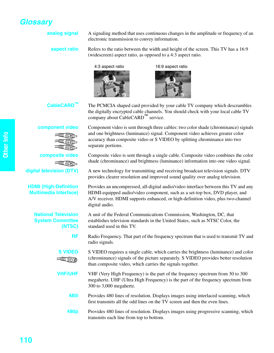 Glossary, Ot her i n fo other inf o | Sony KDE-37XS955 User Manual | Page 112 / 128