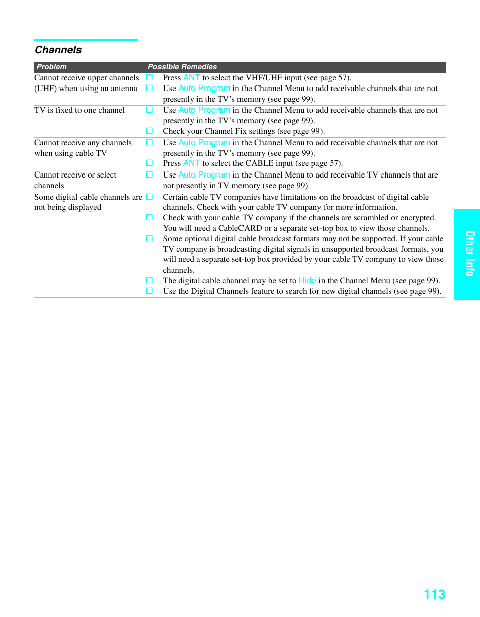 Channels, Other inf o othe r inf o | Sony KDE-37XS955 User Manual | Page 115 / 128