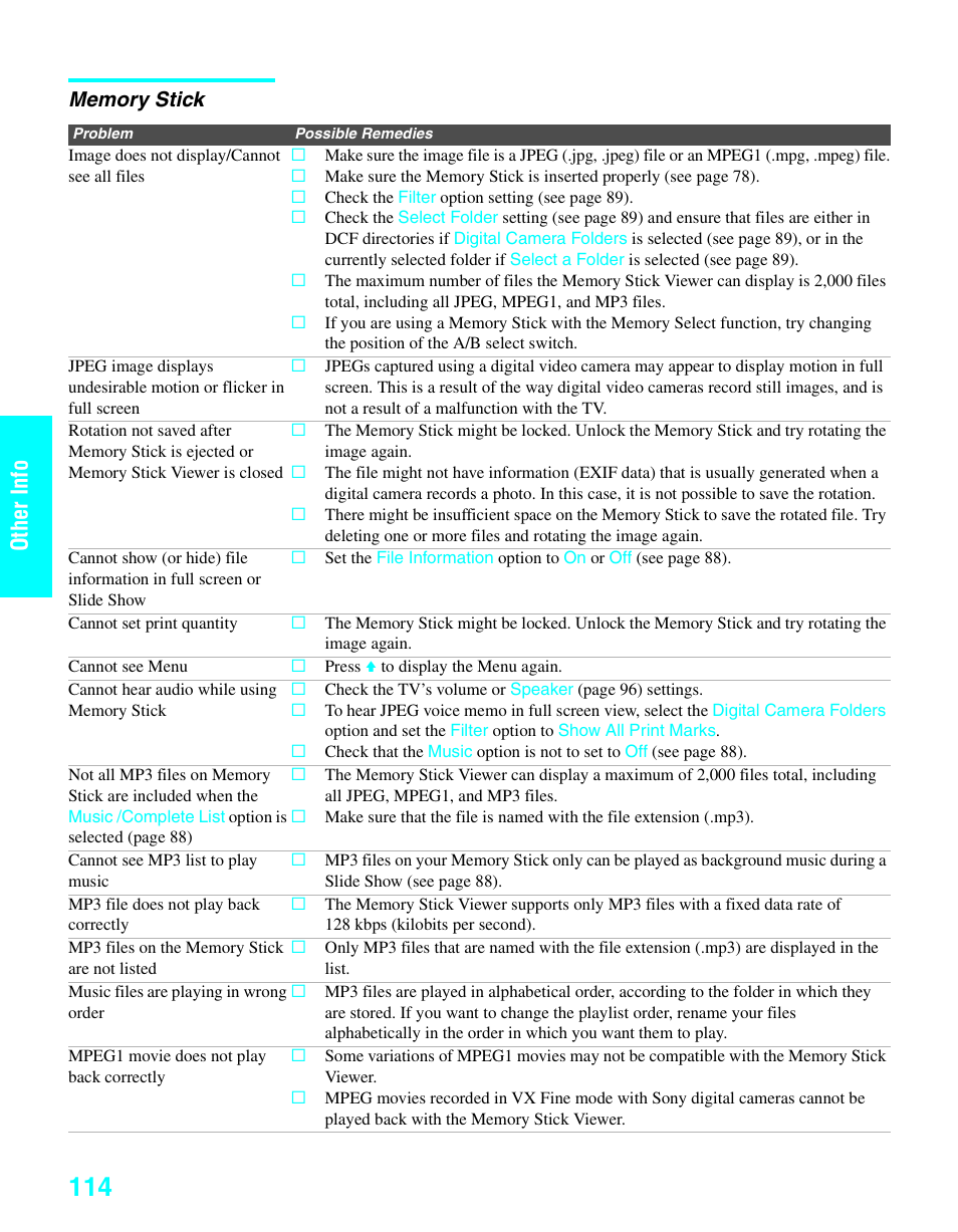 Memory stick, Ot her i n fo other inf o | Sony KDE-37XS955 User Manual | Page 116 / 128