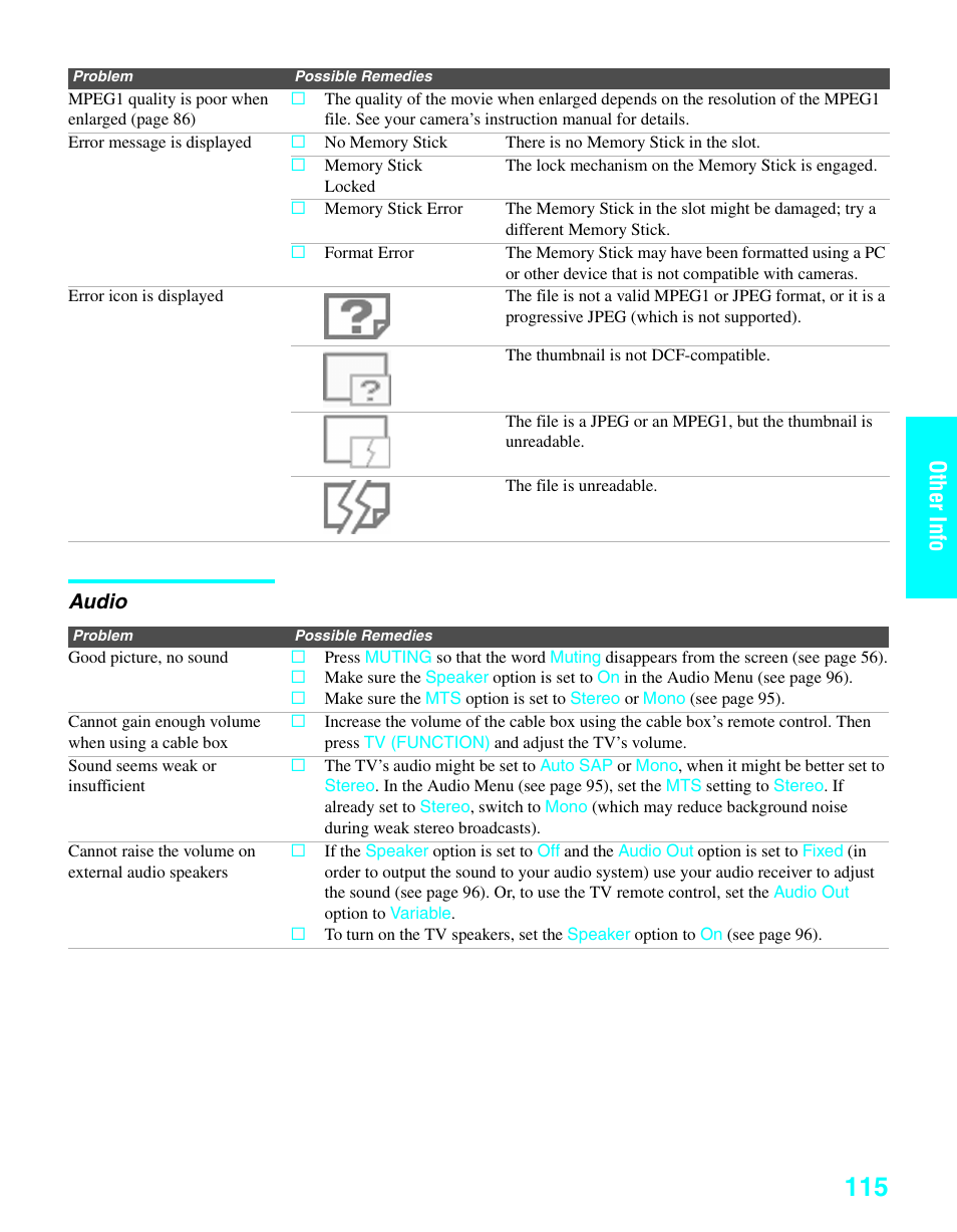 Audio, Other inf o othe r inf o | Sony KDE-37XS955 User Manual | Page 117 / 128