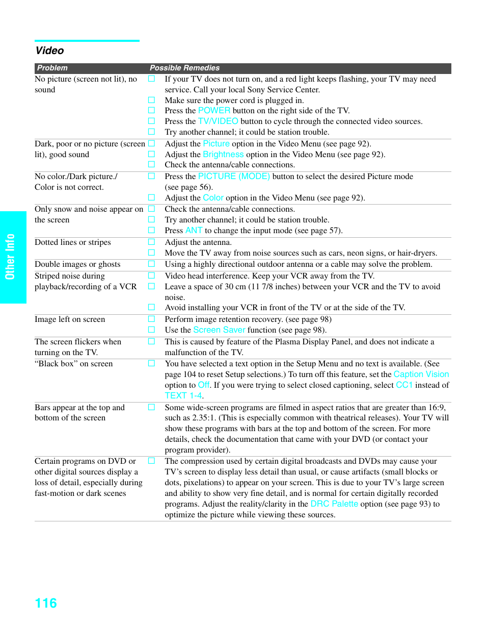 Video, Ot her i n fo other inf o | Sony KDE-37XS955 User Manual | Page 118 / 128