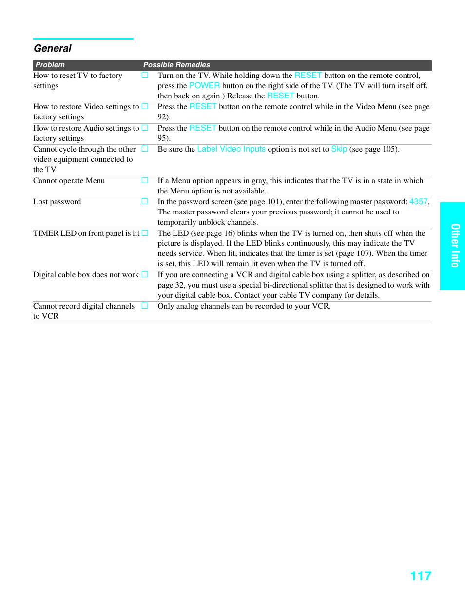 General, Other inf o othe r inf o | Sony KDE-37XS955 User Manual | Page 119 / 128