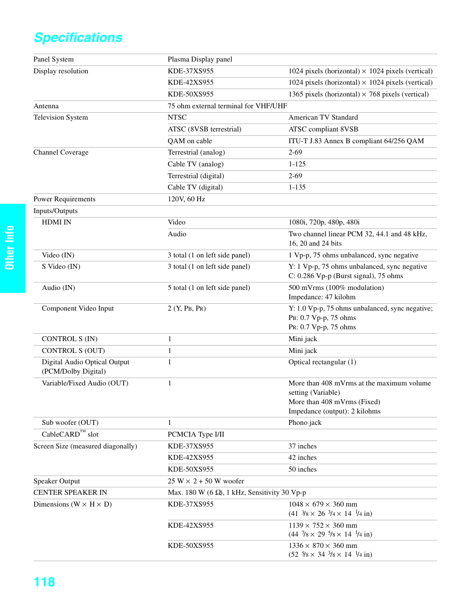 Specifications, Ot her i n fo other inf o | Sony KDE-37XS955 User Manual | Page 120 / 128