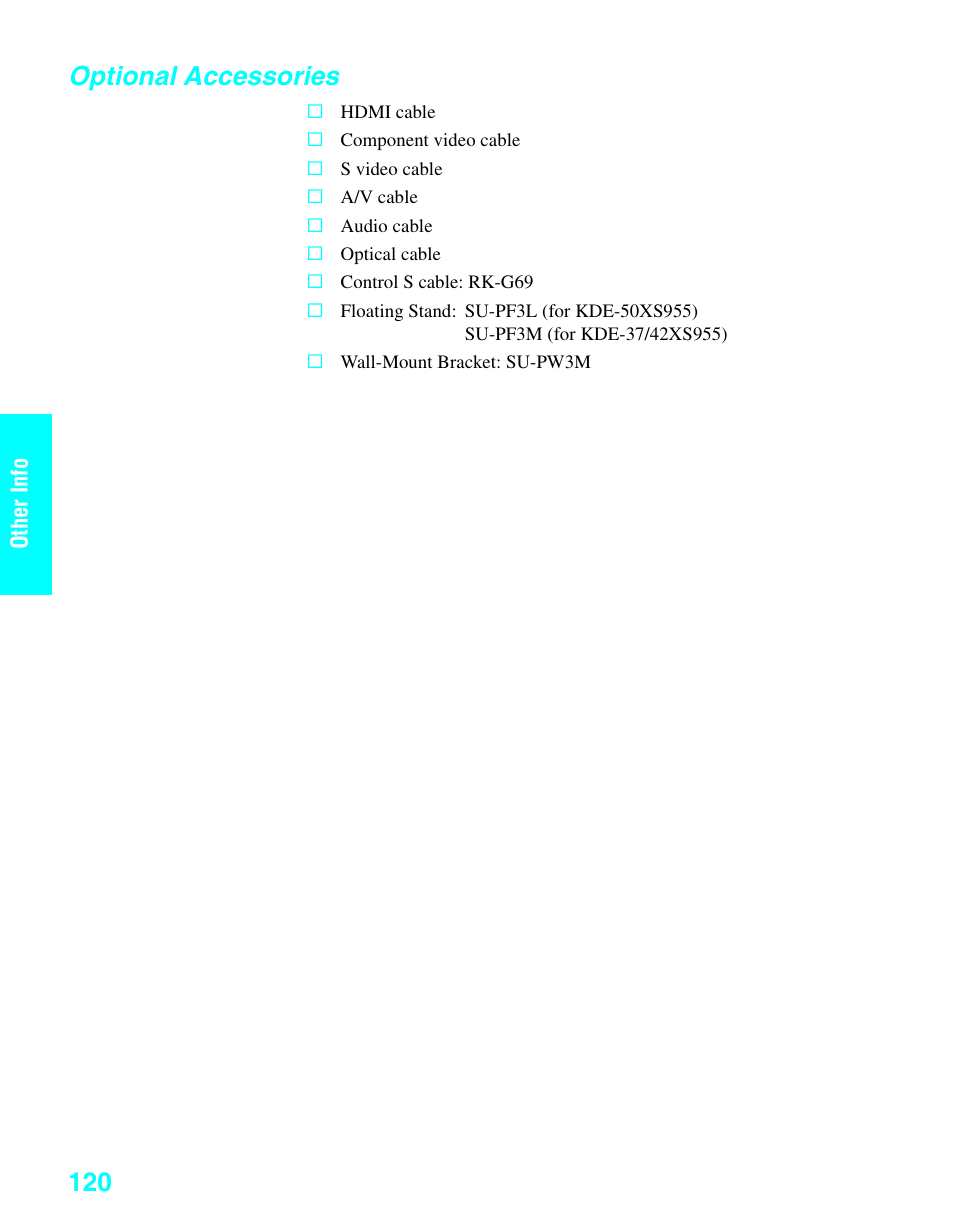 Optional accessories | Sony KDE-37XS955 User Manual | Page 122 / 128