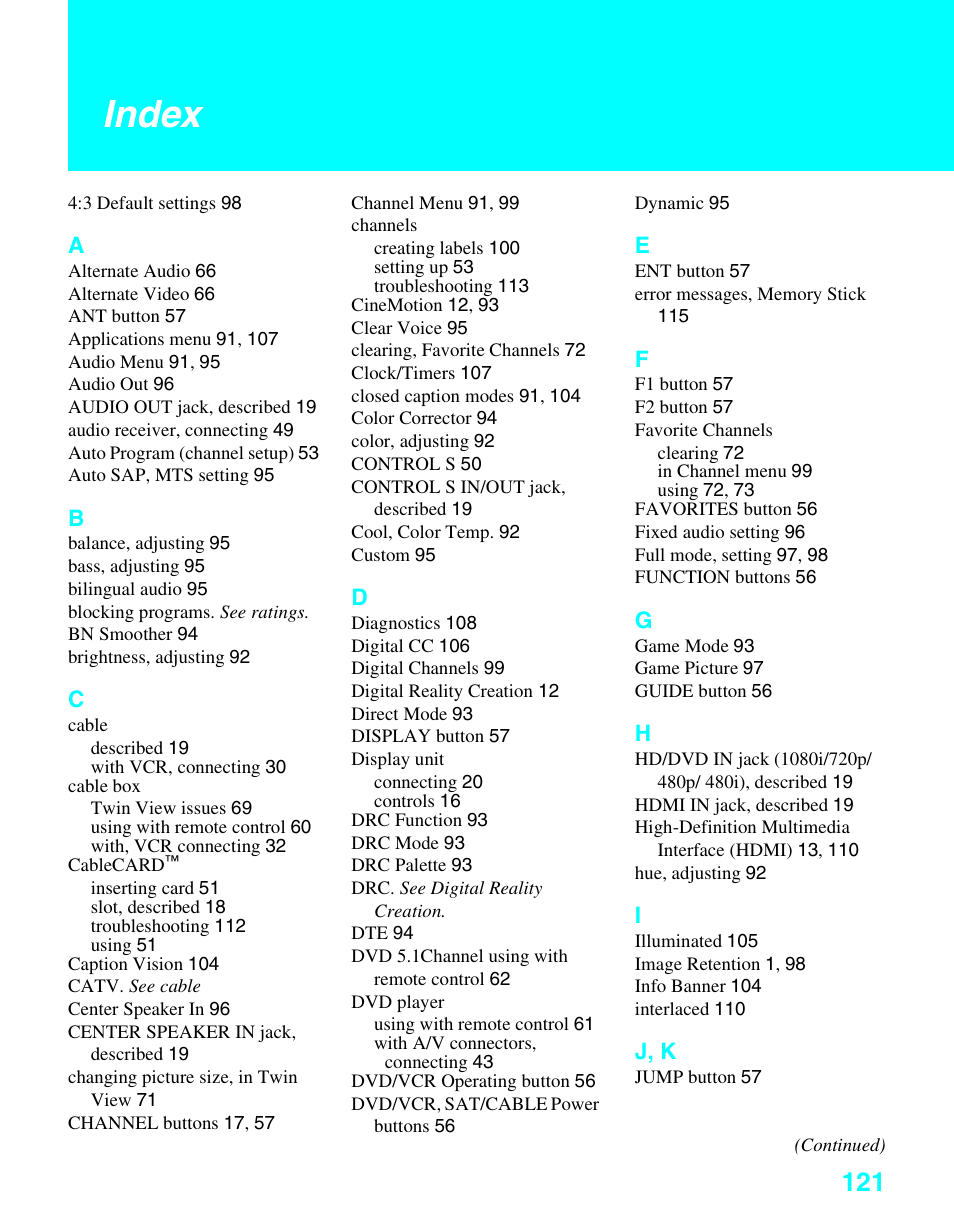 Index | Sony KDE-37XS955 User Manual | Page 123 / 128