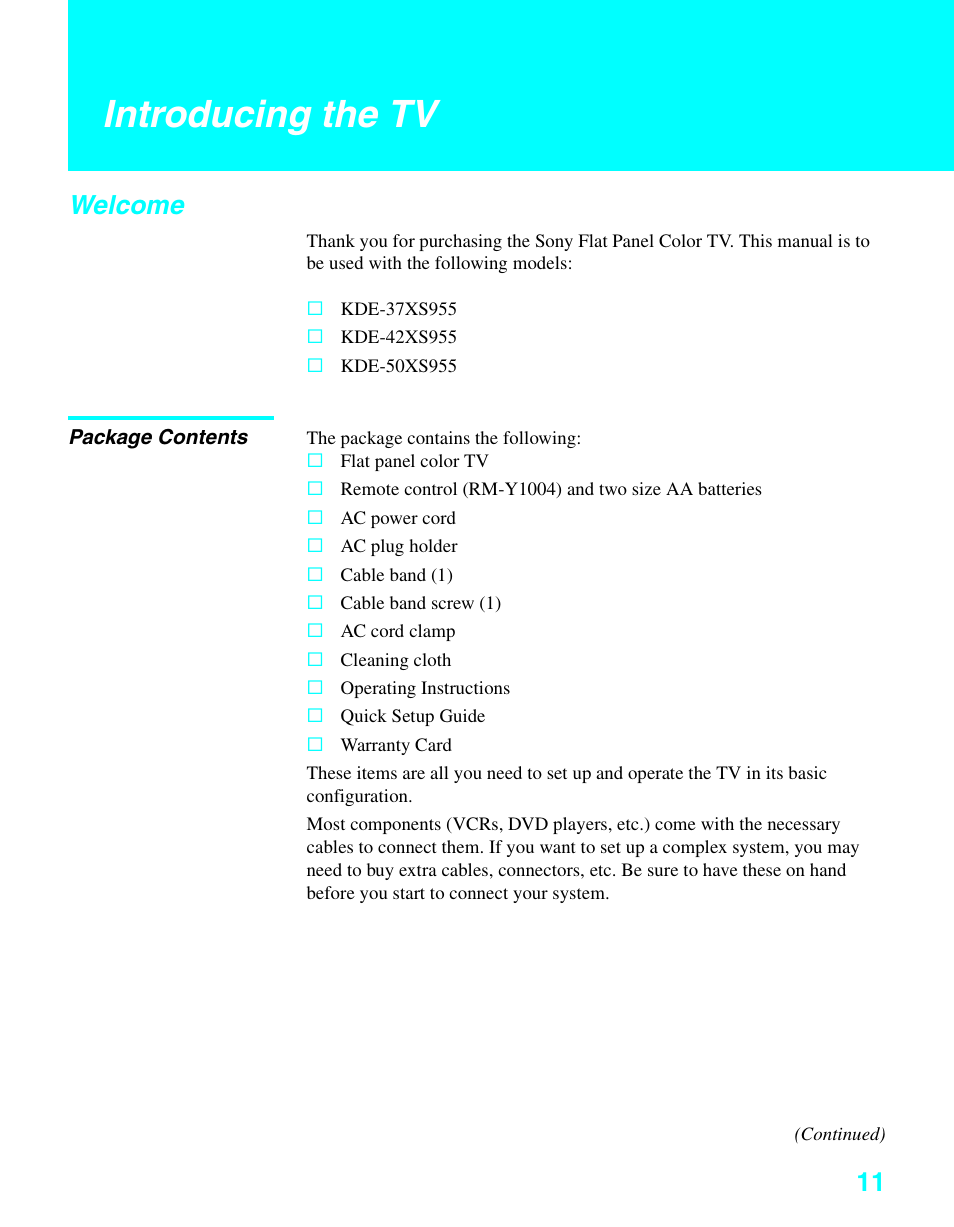 Introducing the tv, Welcome, Package contents | Sony KDE-37XS955 User Manual | Page 13 / 128