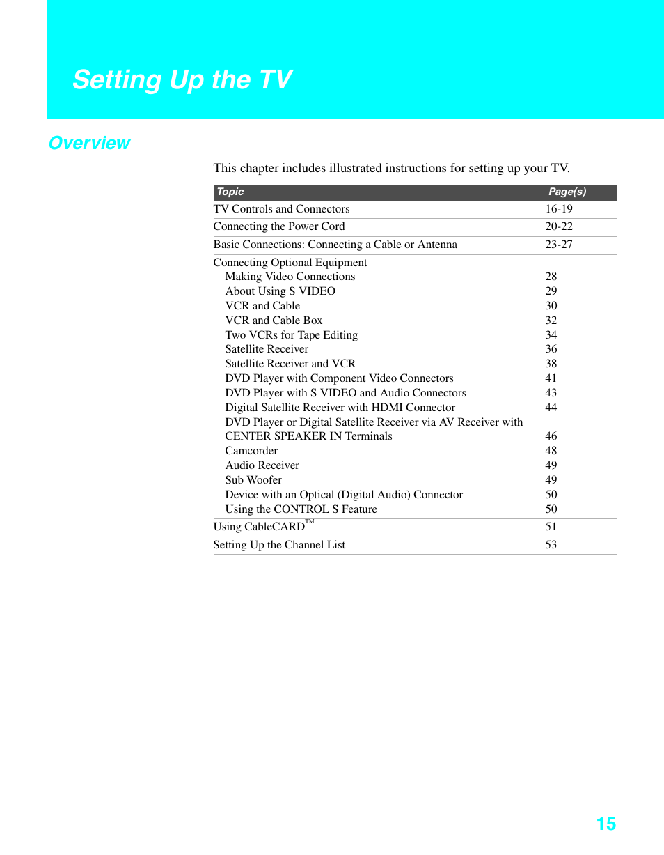 Setting up the tv, Overview | Sony KDE-37XS955 User Manual | Page 17 / 128