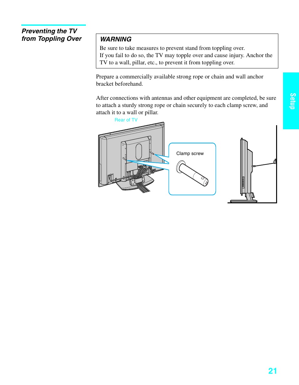 Preventing the tv from toppling over | Sony KDE-37XS955 User Manual | Page 23 / 128