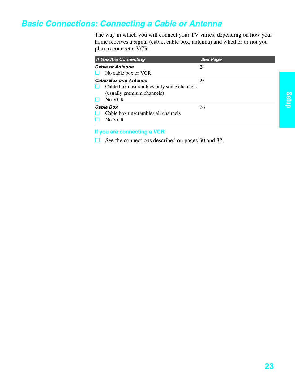 Basic connections: connecting a cable or antenna, Setup | Sony KDE-37XS955 User Manual | Page 25 / 128