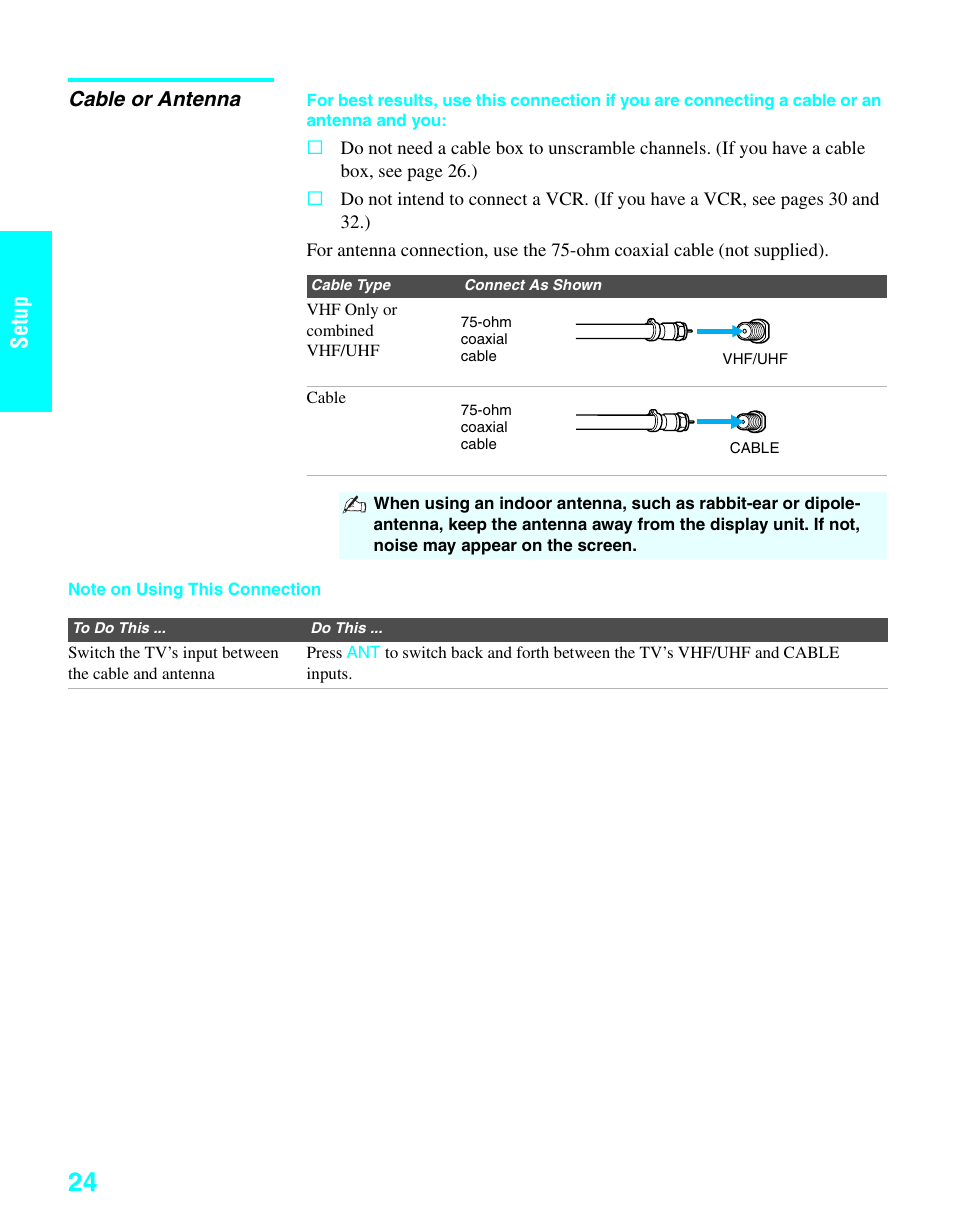 Cable or antenna, Setup | Sony KDE-37XS955 User Manual | Page 26 / 128