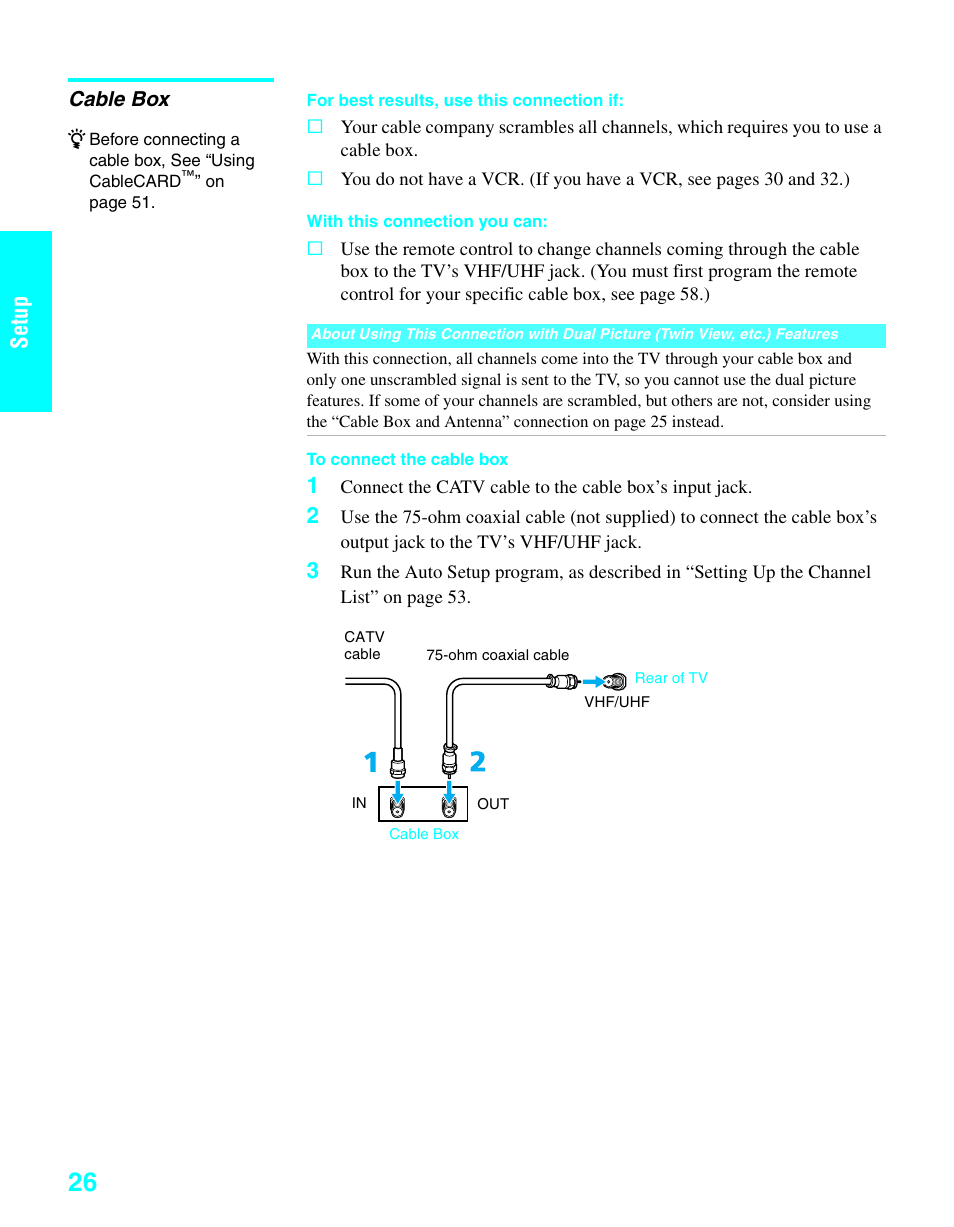 Cable box, Setup | Sony KDE-37XS955 User Manual | Page 28 / 128