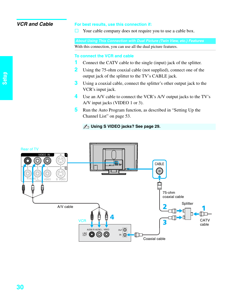 Vcr and cable, Setup | Sony KDE-37XS955 User Manual | Page 32 / 128