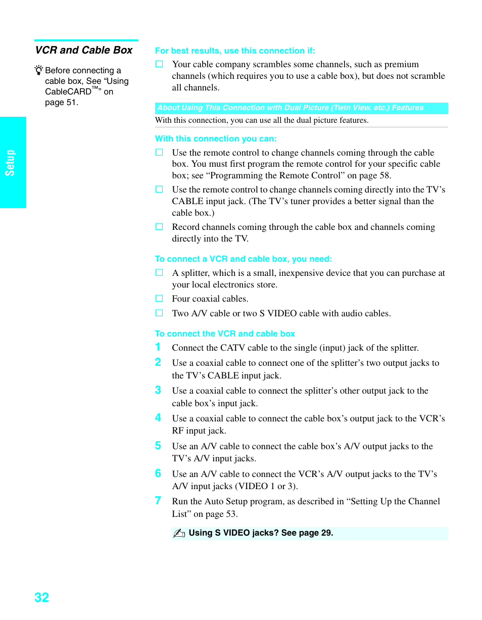 Vcr and cable box, D 32, Setup | Sony KDE-37XS955 User Manual | Page 34 / 128