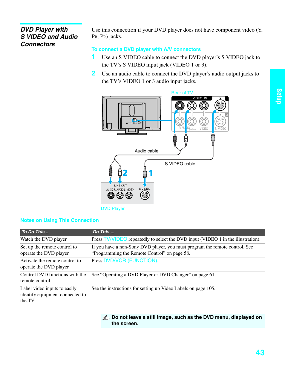 Dvd player with s video and audio connectors, Setup | Sony KDE-37XS955 User Manual | Page 45 / 128