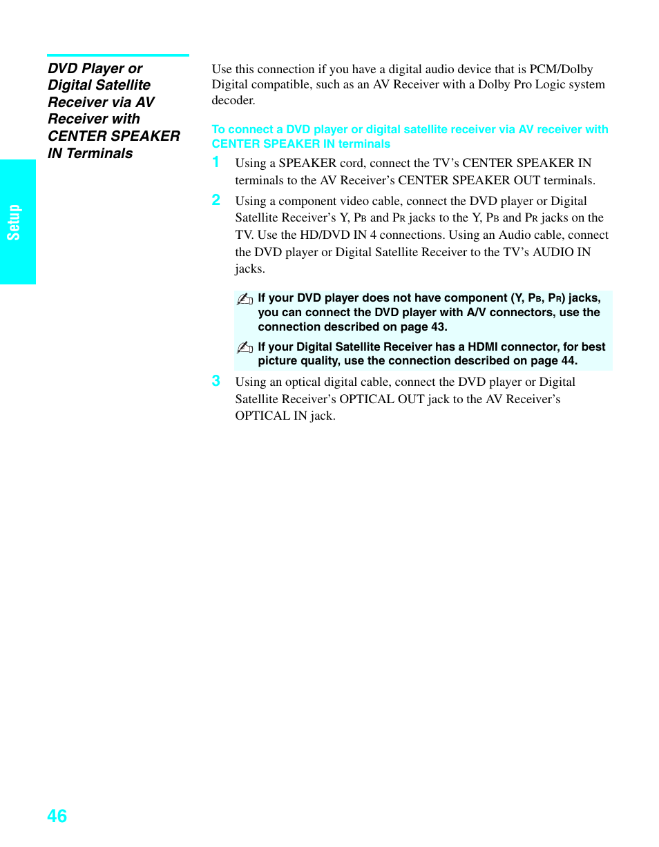 Center speaker in terminals, Setup | Sony KDE-37XS955 User Manual | Page 48 / 128