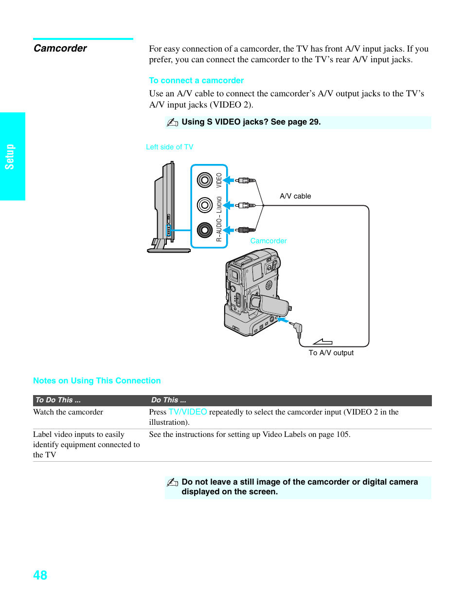 Camcorder, Setup | Sony KDE-37XS955 User Manual | Page 50 / 128