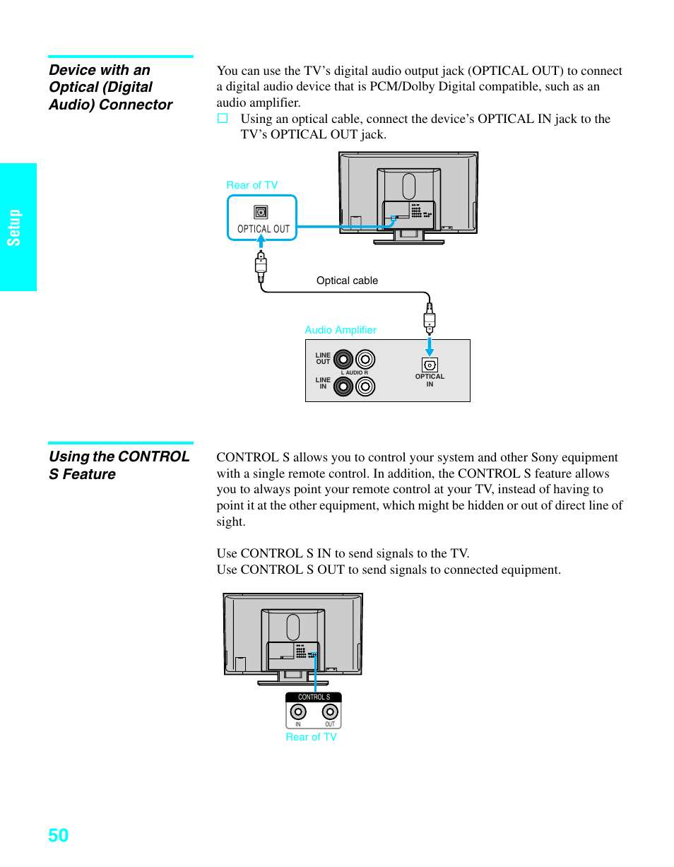 Device with an optical (digital audio) connector, Using the control s feature, Setup | Sony KDE-37XS955 User Manual | Page 52 / 128