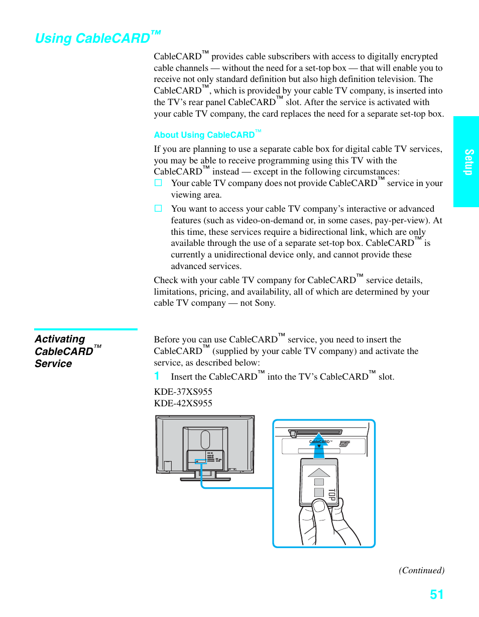 Using cablecard, Activating cablecard™ service, Activating cablecard | Service, See “using cablecard, Setup | Sony KDE-37XS955 User Manual | Page 53 / 128