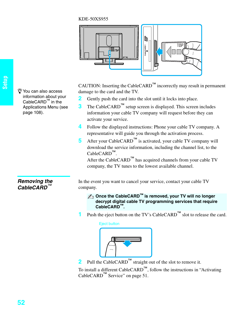 Removing the cablecard, Setup | Sony KDE-37XS955 User Manual | Page 54 / 128