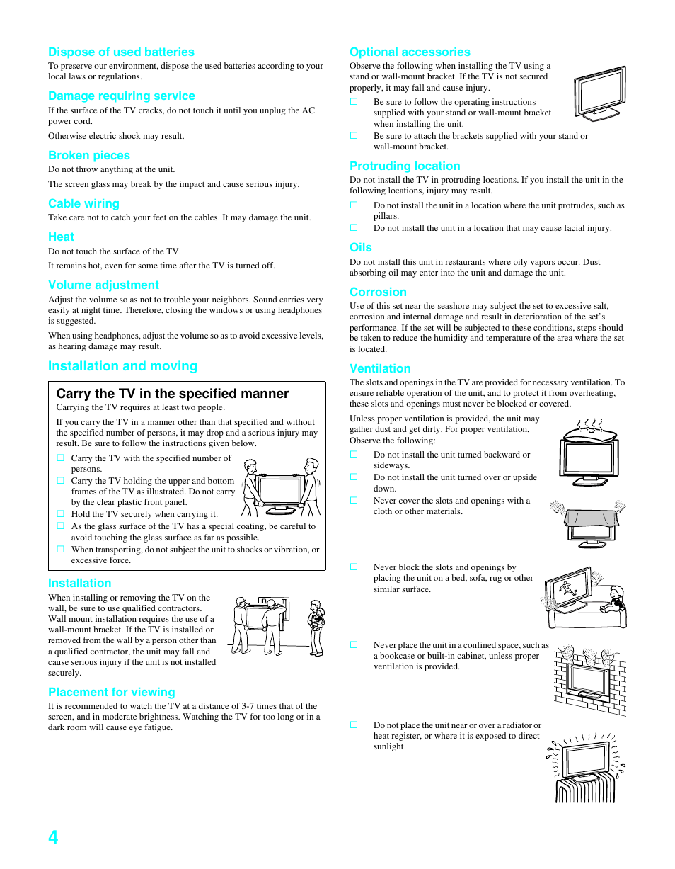 Installation and moving, Carry the tv in the specified manner | Sony KDE-37XS955 User Manual | Page 6 / 128