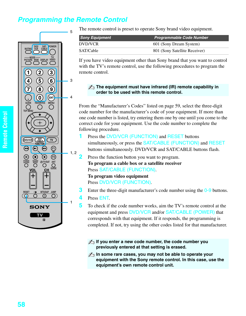 Programming the remote control, Remote c ontrol | Sony KDE-37XS955 User Manual | Page 60 / 128