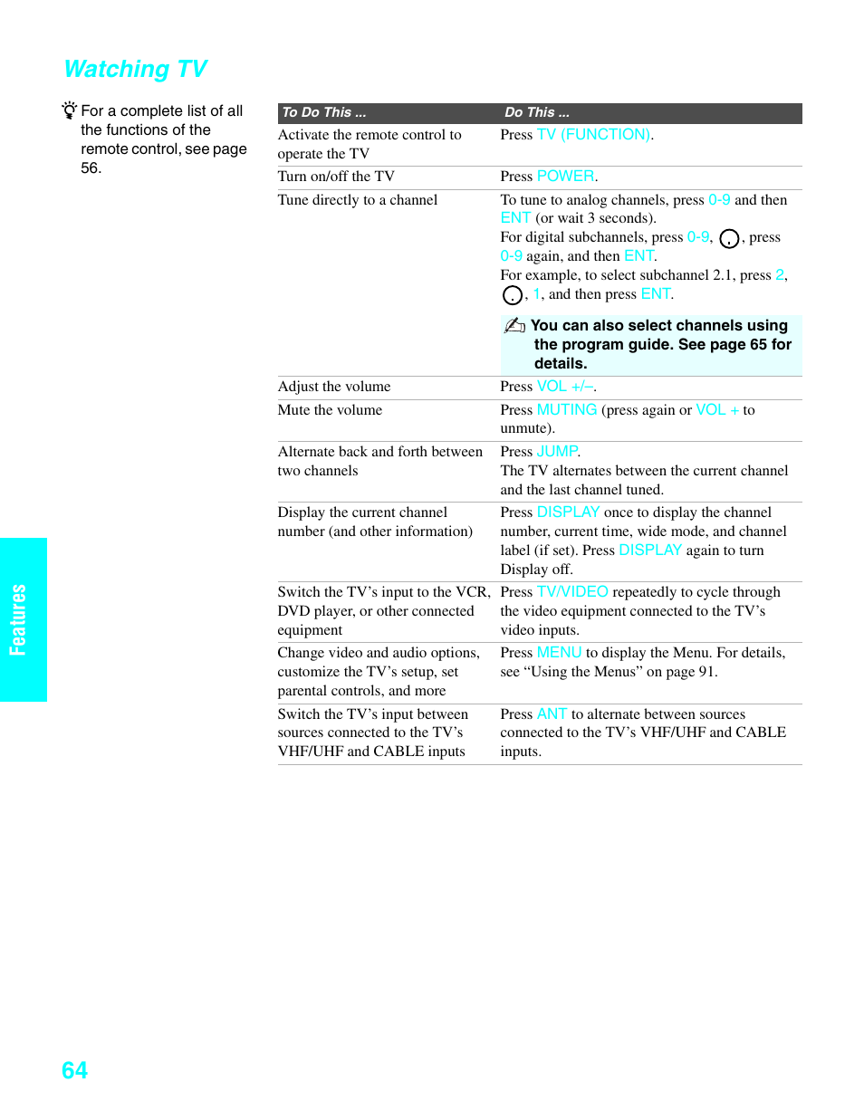 Watching tv, Features | Sony KDE-37XS955 User Manual | Page 66 / 128