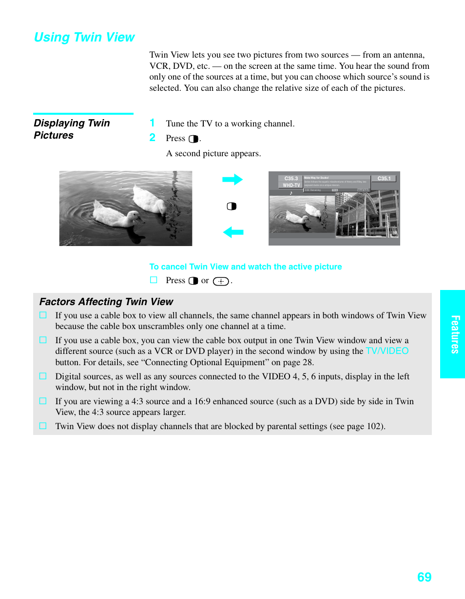 Using twin view, Displaying twin pictures, Features | Sony KDE-37XS955 User Manual | Page 71 / 128